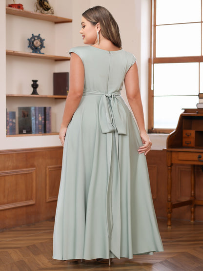 A-Line/Princess Scoop Cap Sleeves Ruched Plus Size Mother of the Bride Dresses with Pockets