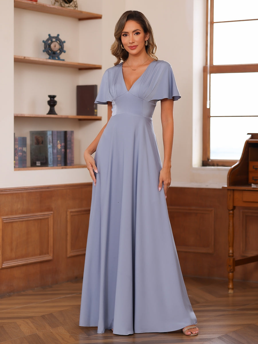 A-Line/Princess V-Neck Short Sleeves Ruched Mother of the Bride Dresses