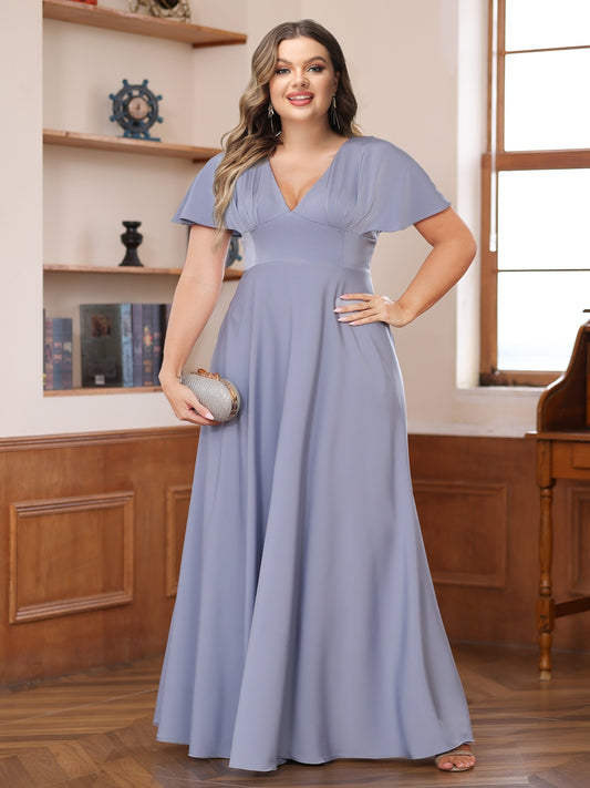 A-Line/Princess V-Neck Short Sleeves Ruched Plus Size Mother of the Bride Dresses