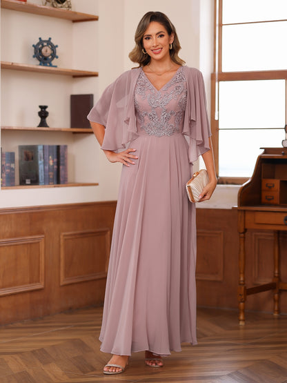 A-Line/Princess V-Neck Appliques Chiffon Mother of the Bride Dresses with Jacket