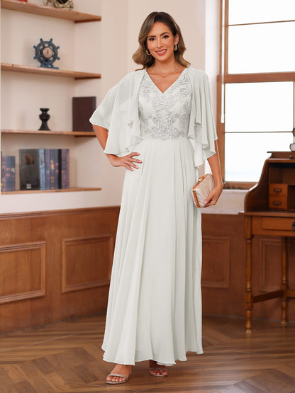 A-Line/Princess V-Neck Appliques Chiffon Mother of the Bride Dresses with Jacket