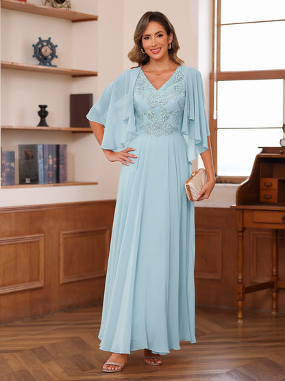 A-Line/Princess V-Neck Appliques Chiffon Mother of the Bride Dresses with Jacket