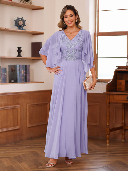 A-Line/Princess V-Neck Appliques Chiffon Mother of the Bride Dresses with Jacket