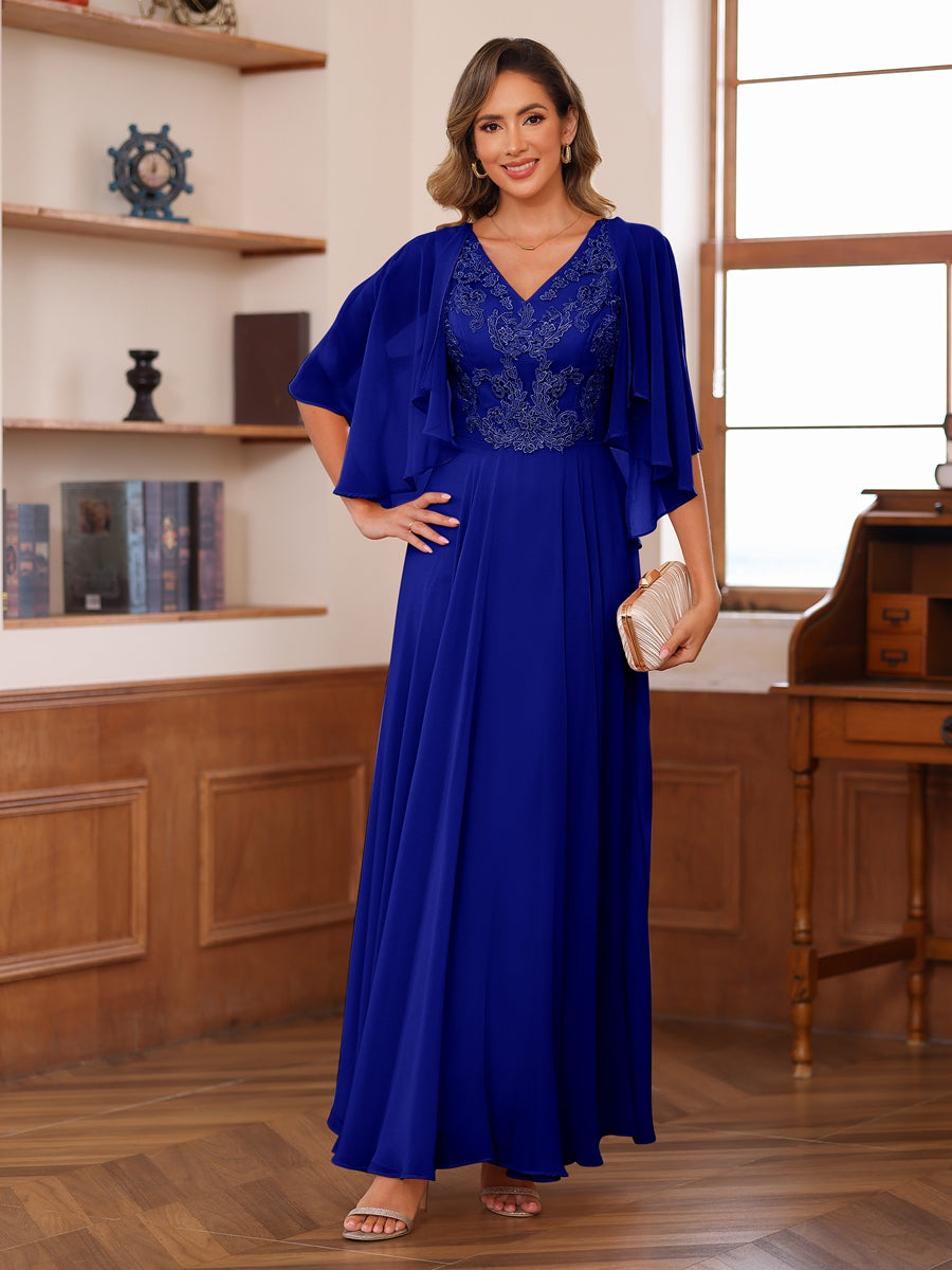 A-Line/Princess V-Neck Appliques Chiffon Mother of the Bride Dresses with Jacket