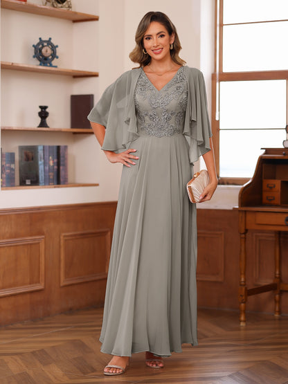 A-Line/Princess V-Neck Appliques Chiffon Mother of the Bride Dresses with Jacket