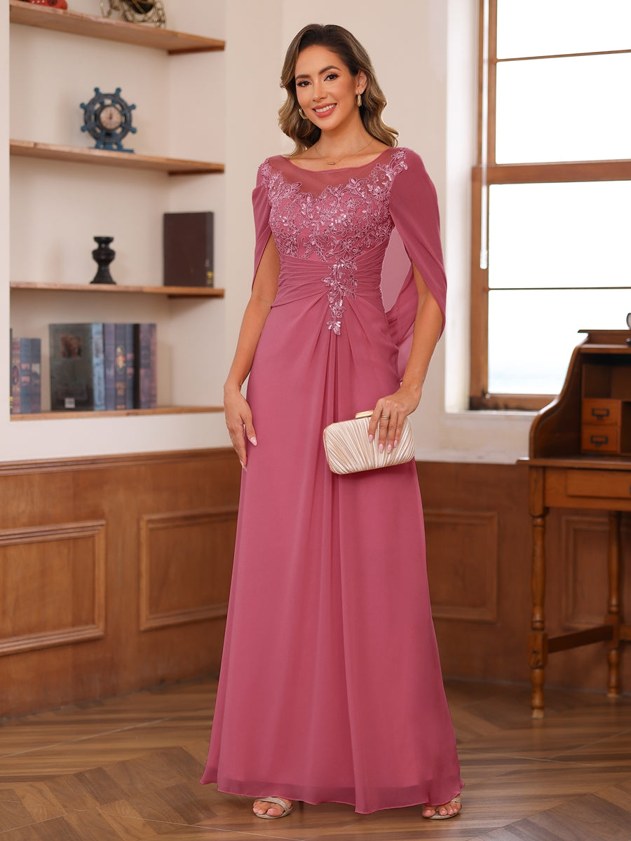 A-Line/Princess Illusion Scoop Appliques Ruched Mother of the Bride Dresses with Cape