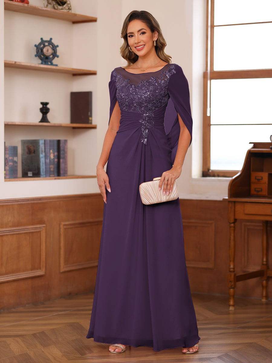 A-Line/Princess Illusion Scoop Appliques Ruched Mother of the Bride Dresses with Cape