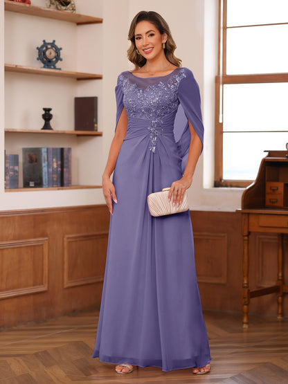 A-Line/Princess Illusion Scoop Appliques Ruched Mother of the Bride Dresses with Cape