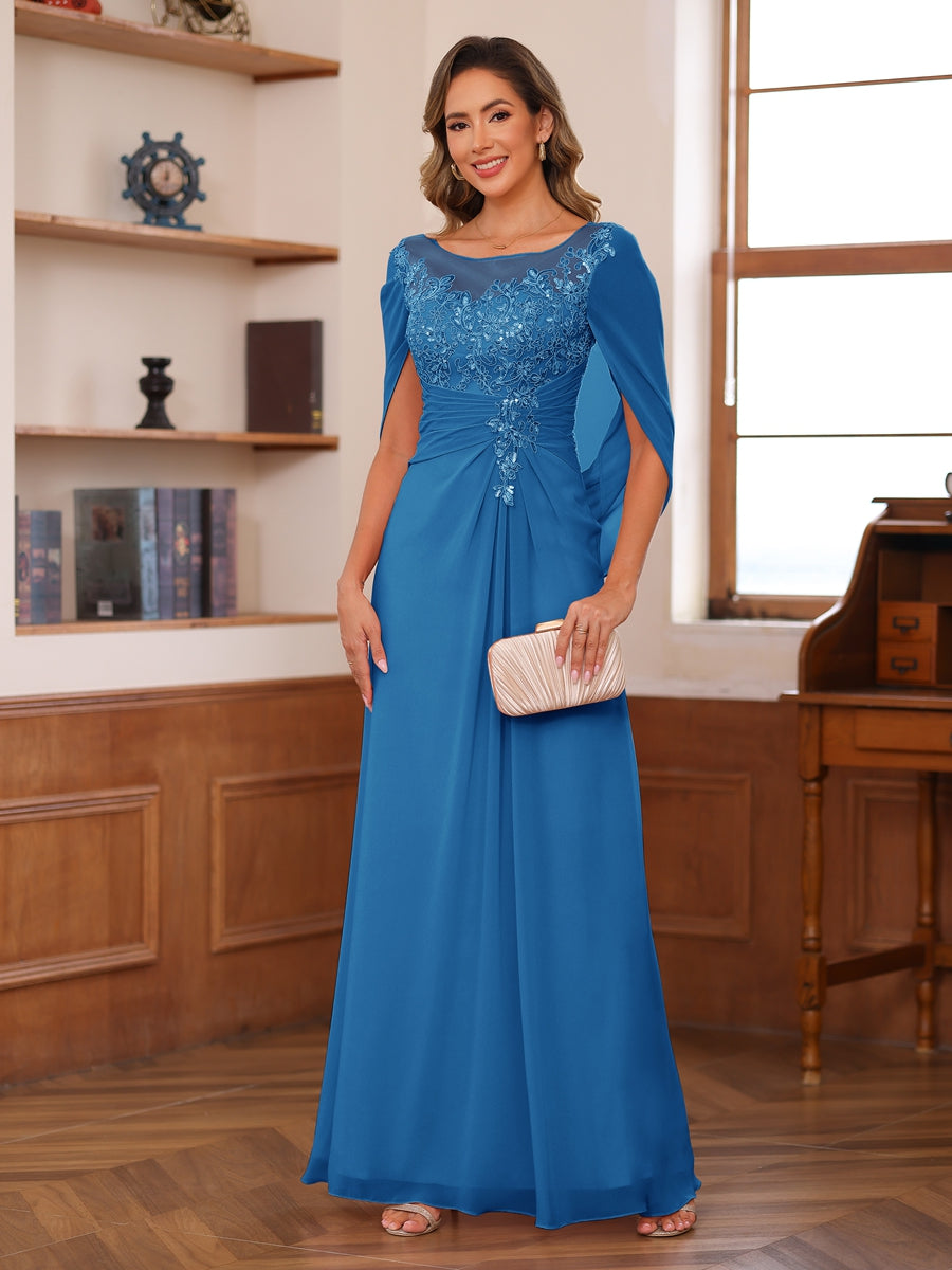 A-Line/Princess Illusion Scoop Appliques Ruched Mother of the Bride Dresses with Cape