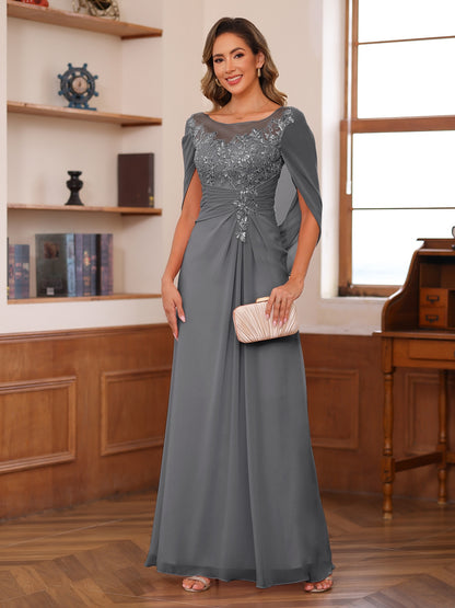 A-Line/Princess Illusion Scoop Appliques Ruched Mother of the Bride Dresses with Cape