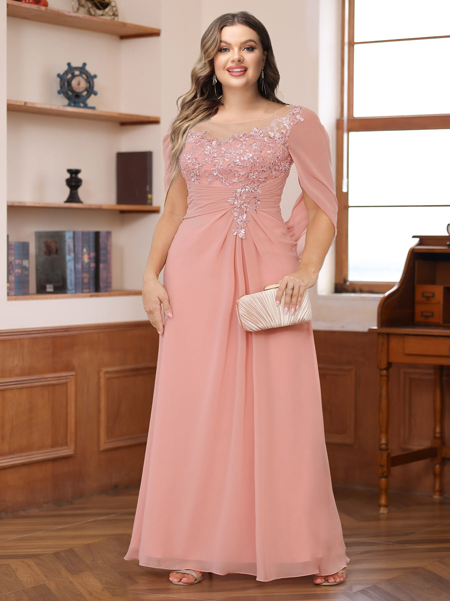 A-Line/Princess Illusion Scoop Appliques Ruched Plus Size Mother of the Bride Dresses with Cape