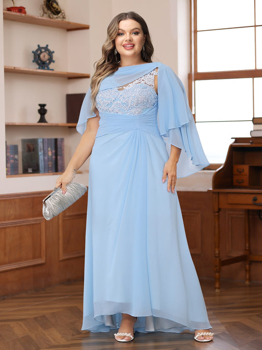 A-Line/Princess V-Neck Appliques Ruched Plus Size Mother of the Bride Dresses with Cape