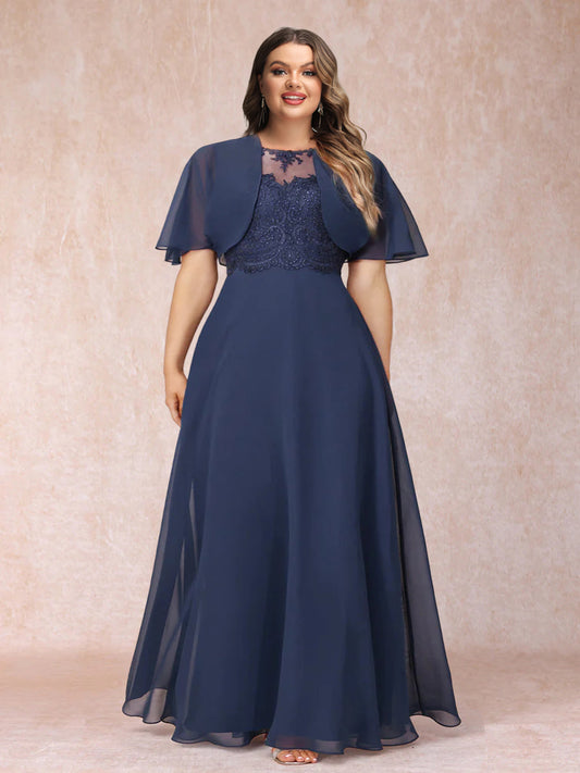 A-Line Chiffon Long Plus Size Mother of the Bride Dresses with Jacket & Appliques