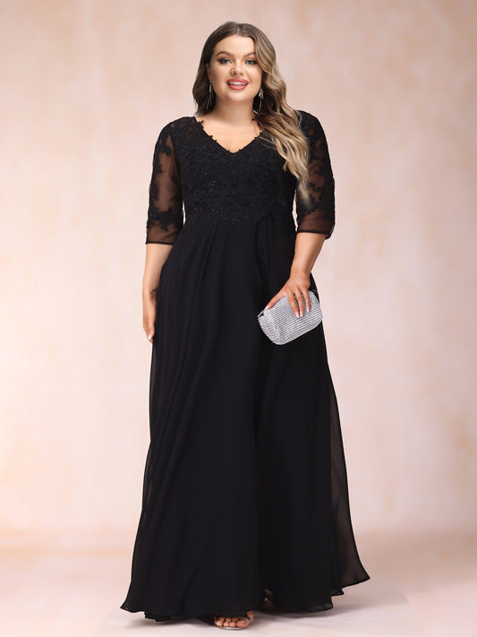 A-Line/Princess V-Neck 3/4 Sleeves Long Formal Plus Size Evening Dresses with Beading & Appliques