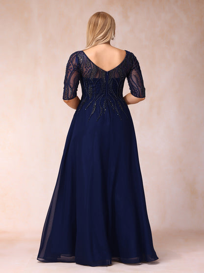 A-Line/Princess V-Neck Half Sleeves Long Formal Plus Size Evening Dresses with Beading