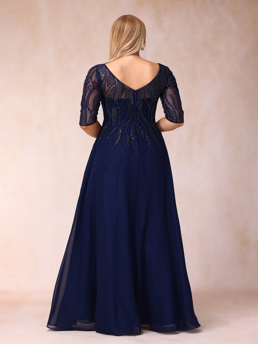 A-Line/Princess V-Neck Half Sleeves Long Formal Plus Size Evening Dresses with Beading