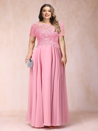 A-Line/Princess Sheer Neck Short Sleeves Long Formal Plus Size Evening Dresses with Sequins & Appliques