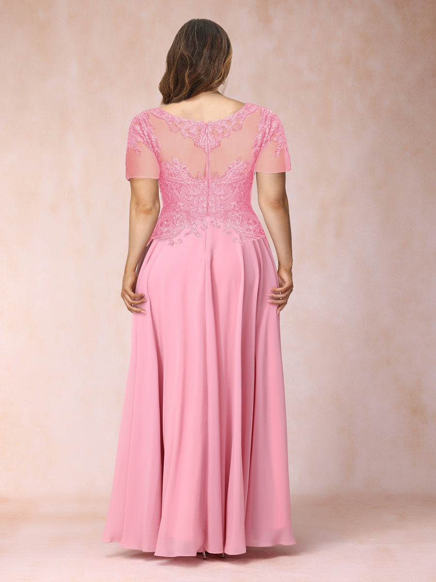 A-Line/Princess Sheer Neck Short Sleeves Long Formal Plus Size Evening Dresses with Sequins & Appliques