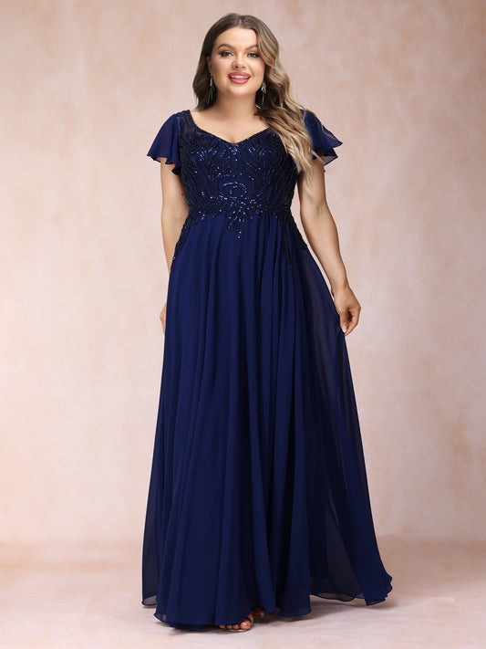 A-Line/Princess V-Neck Short Sleeves Long Formal Plus Size Evening Dresses with Beading & Sequins