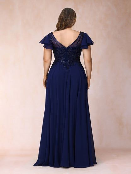 A-Line/Princess V-Neck Short Sleeves Long Formal Plus Size Evening Dresses with Beading & Sequins