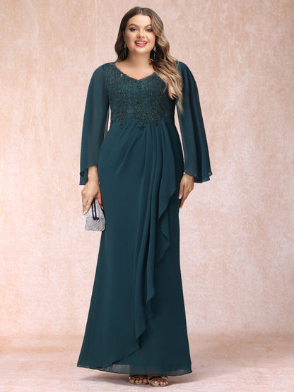 Sheath/Column V-Neck Long Sleeves Long Formal Plus Size Evening Dresses with Sequins & Appliques