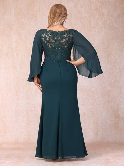 Sheath/Column V-Neck Long Sleeves Long Formal Plus Size Evening Dresses with Sequins & Appliques