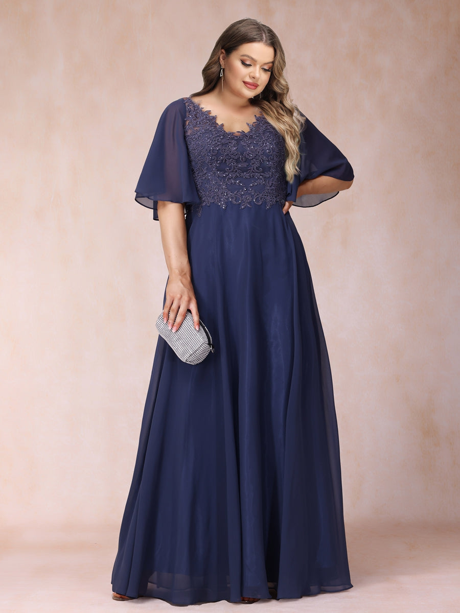 A-Line/Princess V-Neck Half Sleeves Long Formal Plus Size Evening Dresses with Beading & Appliques