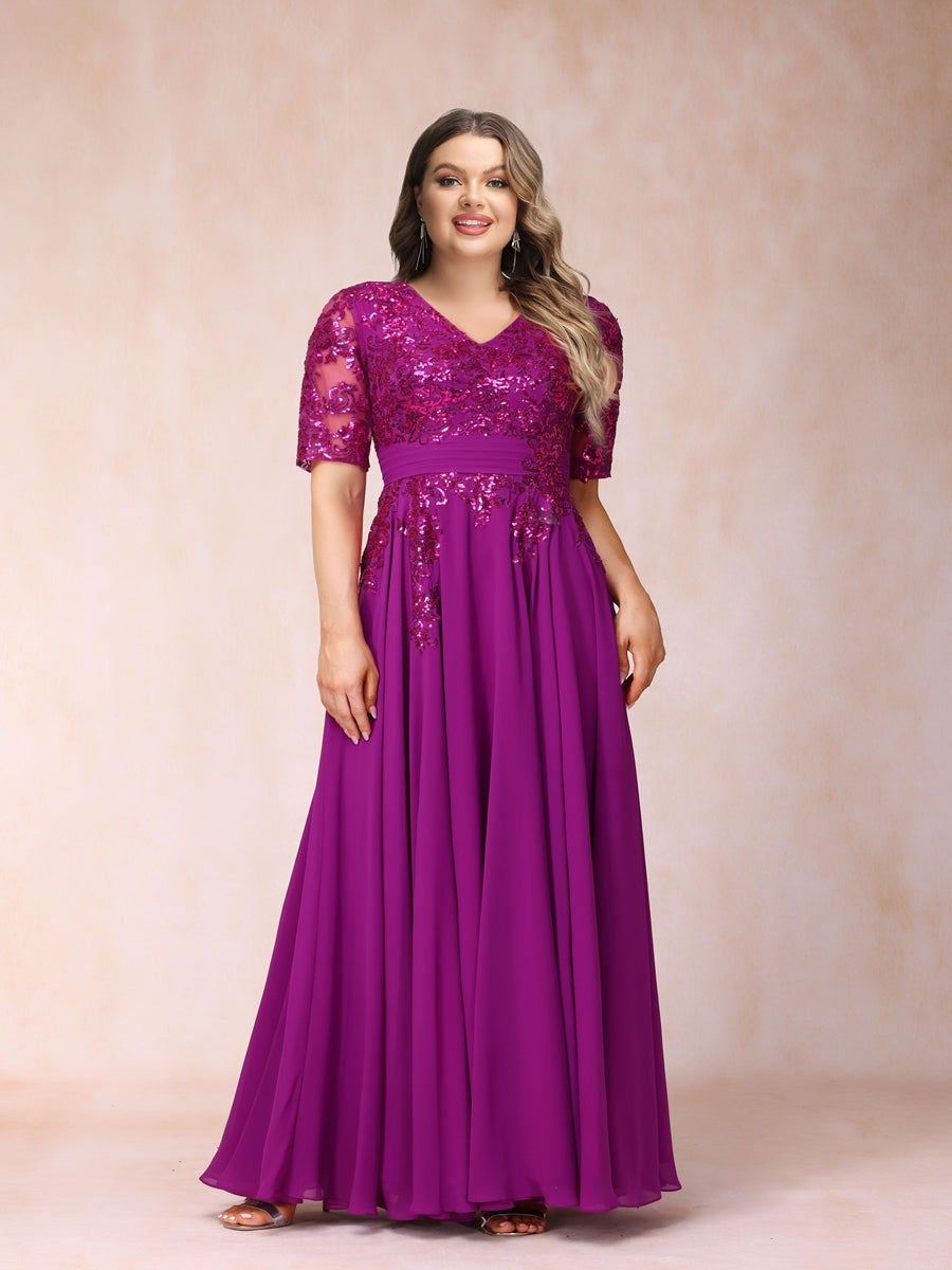 A-Line/Princess V-Neck Half Sleeves Long Formal Plus Size Evening Dresses with Sequins