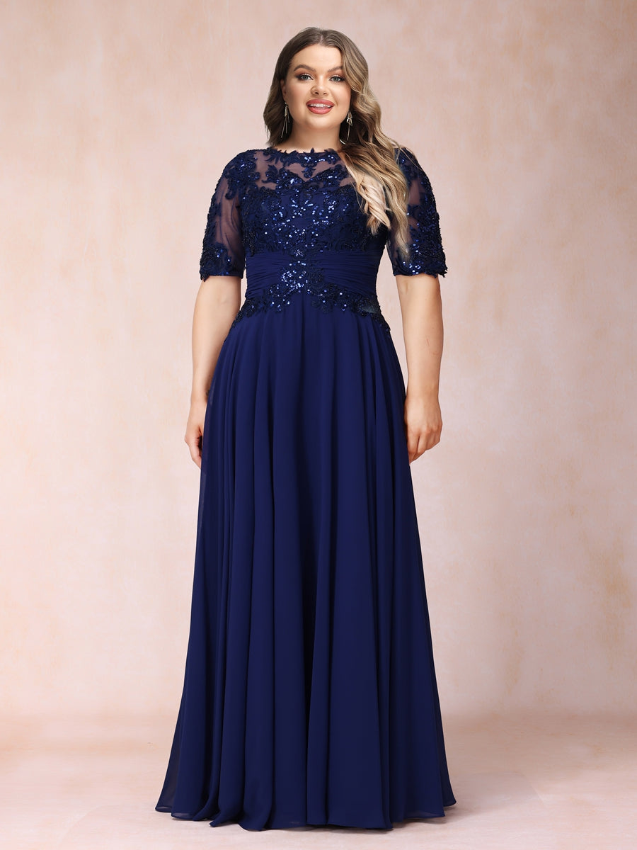 A-Line/Princess Sheer Neck Half Sleeves Long Formal Plus Size Evening Dresses with Sequins