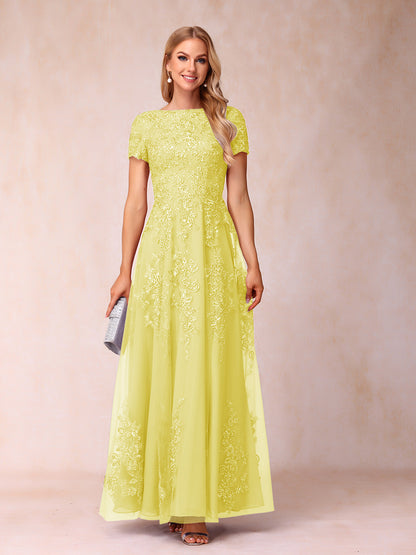 A-Line/Princess Sheer Neck Short Sleeves Long Formal Evening Dresses with Appliques