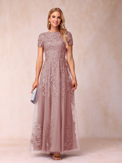 A-Line/Princess Sheer Neck Short Sleeves Long Formal Evening Dresses with Appliques