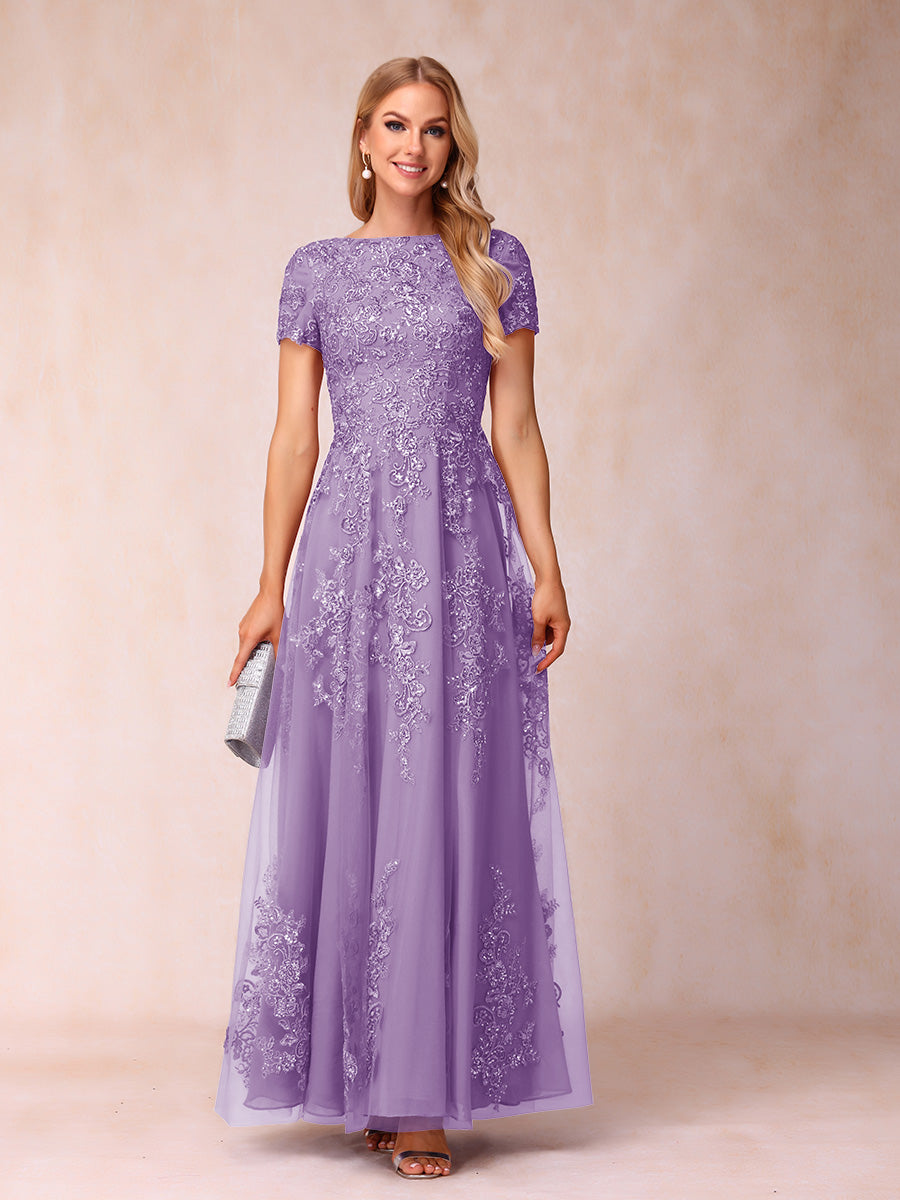 A-Line/Princess Sheer Neck Short Sleeves Long Formal Evening Dresses with Appliques