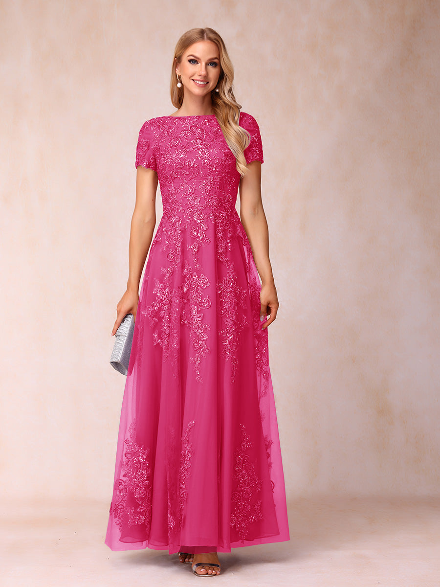 A-Line/Princess Sheer Neck Short Sleeves Long Formal Evening Dresses with Appliques