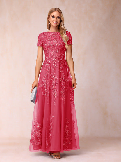 A-Line/Princess Sheer Neck Short Sleeves Long Formal Evening Dresses with Appliques