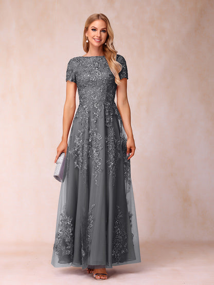 A-Line/Princess Sheer Neck Short Sleeves Long Formal Evening Dresses with Appliques