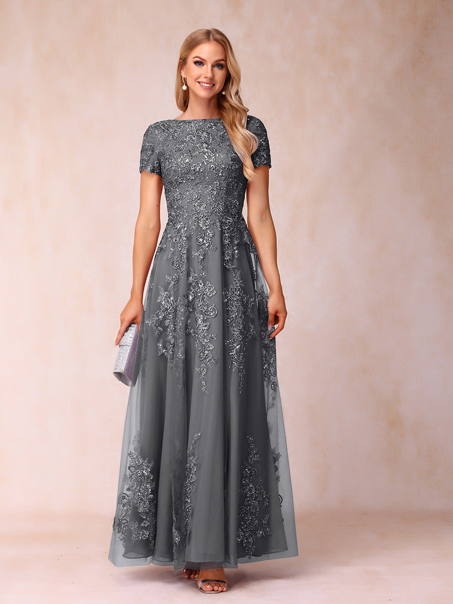 A-Line/Princess Sheer Neck Short Sleeves Long Formal Evening Dresses with Appliques