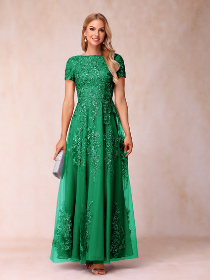 A-Line/Princess Sheer Neck Short Sleeves Long Formal Evening Dresses with Appliques