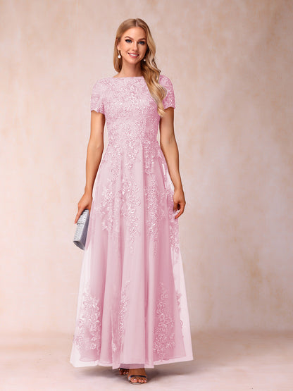 A-Line/Princess Sheer Neck Short Sleeves Long Formal Evening Dresses with Appliques