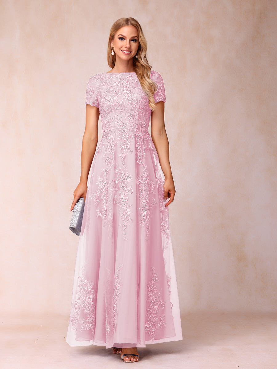 A-Line/Princess Sheer Neck Short Sleeves Long Formal Evening Dresses with Appliques