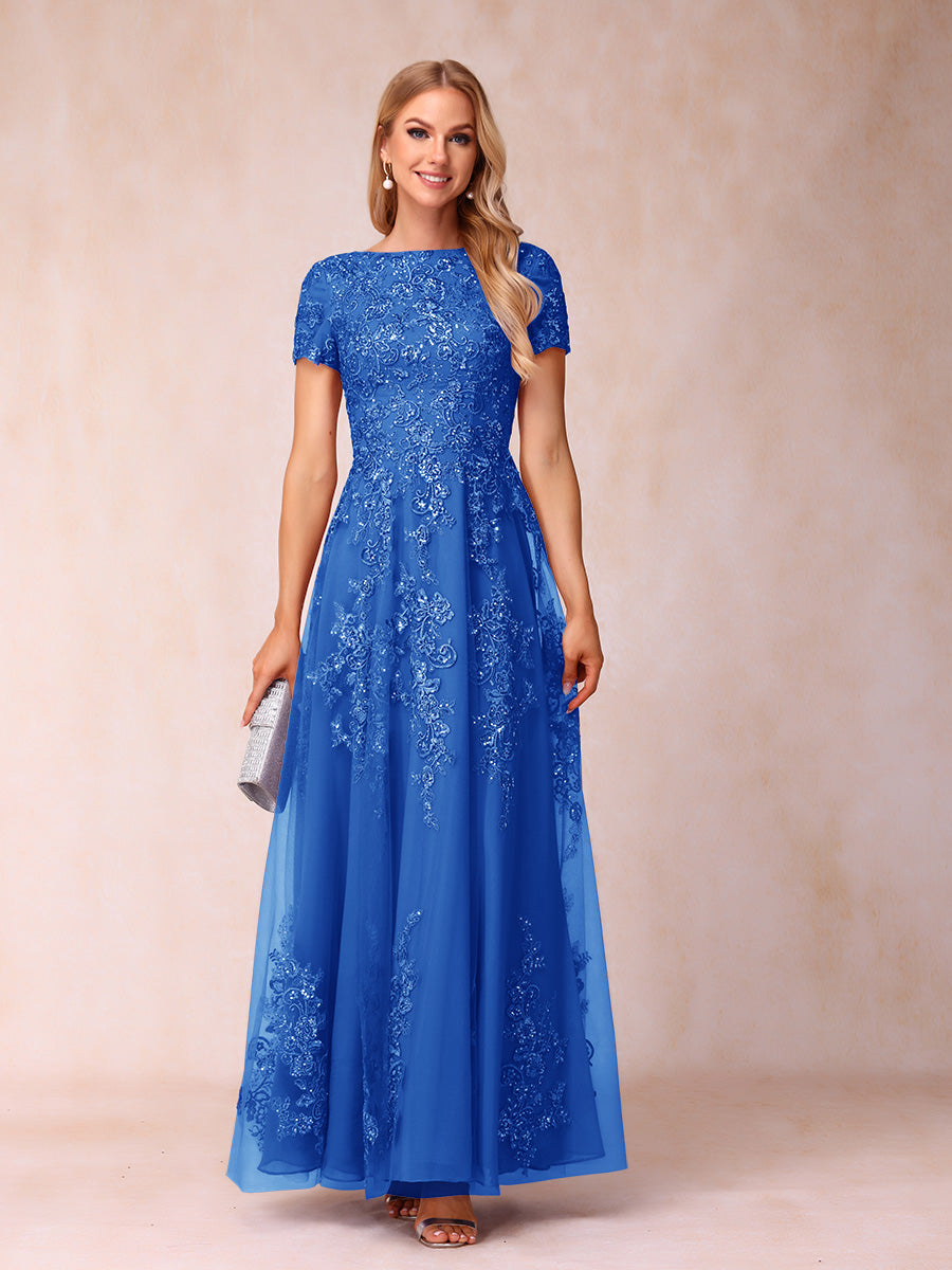 A-Line/Princess Sheer Neck Short Sleeves Long Formal Evening Dresses with Appliques