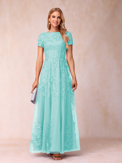 A-Line/Princess Sheer Neck Short Sleeves Long Formal Evening Dresses with Appliques