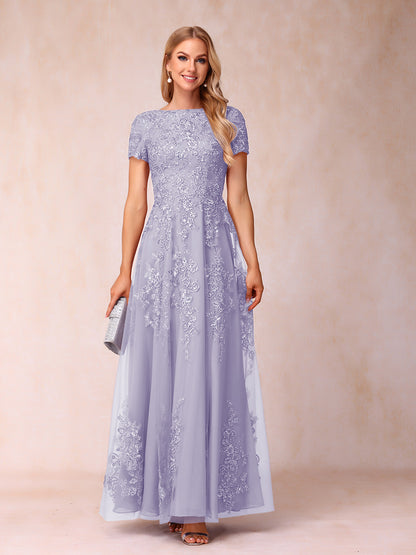 A-Line/Princess Sheer Neck Short Sleeves Long Formal Evening Dresses with Appliques