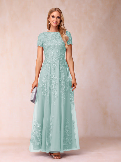 A-Line/Princess Sheer Neck Short Sleeves Long Formal Evening Dresses with Appliques