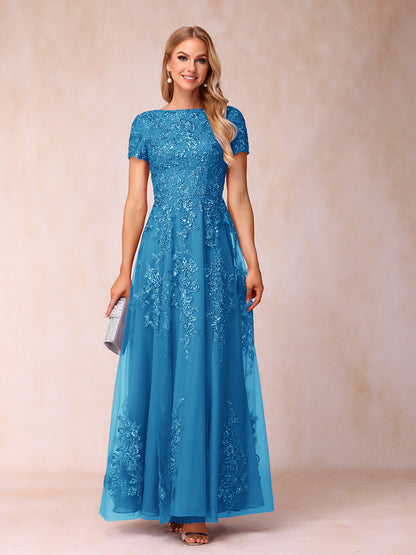 A-Line/Princess Sheer Neck Short Sleeves Long Formal Evening Dresses with Appliques