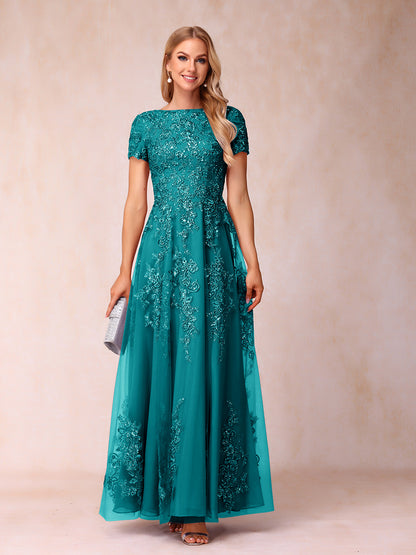 A-Line/Princess Sheer Neck Short Sleeves Long Formal Evening Dresses with Appliques