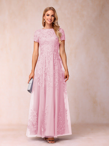 A-Line/Princess Sheer Neck Short Sleeves Long Formal Evening Dresses with Appliques