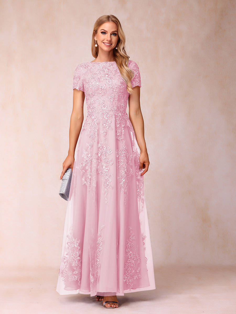 A-Line/Princess Sheer Neck Short Sleeves Long Formal Evening Dresses with Appliques