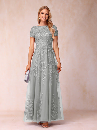 A-Line/Princess Sheer Neck Short Sleeves Long Formal Evening Dresses with Appliques