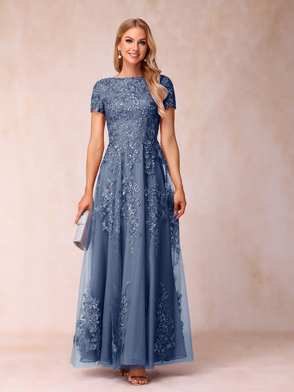 A-Line/Princess Sheer Neck Short Sleeves Long Formal Evening Dresses with Appliques