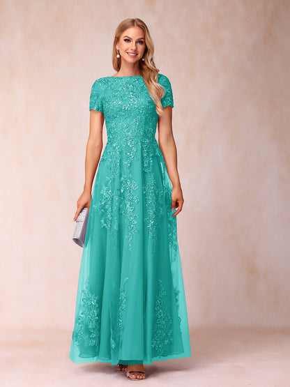 A-Line/Princess Sheer Neck Short Sleeves Long Formal Evening Dresses with Appliques